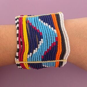 Handmade Maasai Beaded Cuff Bracelet Multicolor Tribal Seed Bead‎ Leather Snap